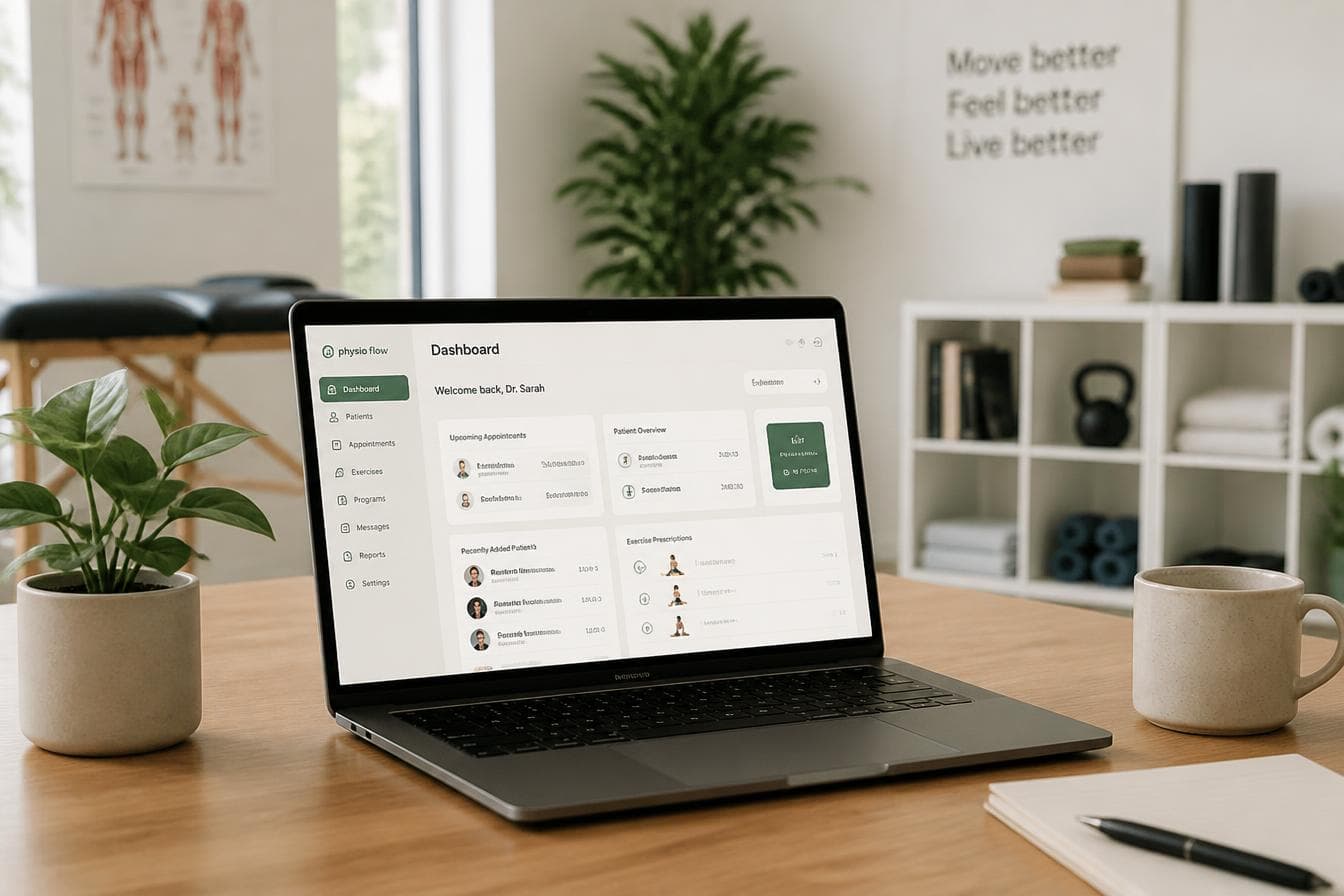 Dashboard do Evolvere em um laptop dentro de uma clínica de fisioterapia moderna